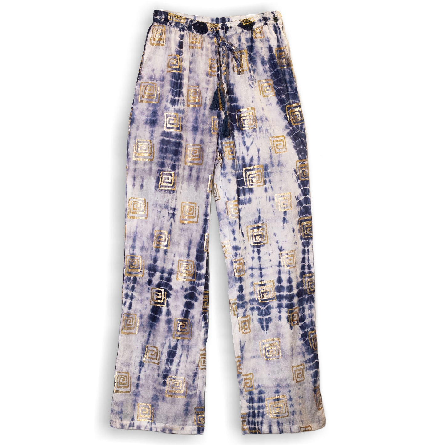 Handpainted Nomad Sari Pants - Gold & Blue Greek Design (M/L)