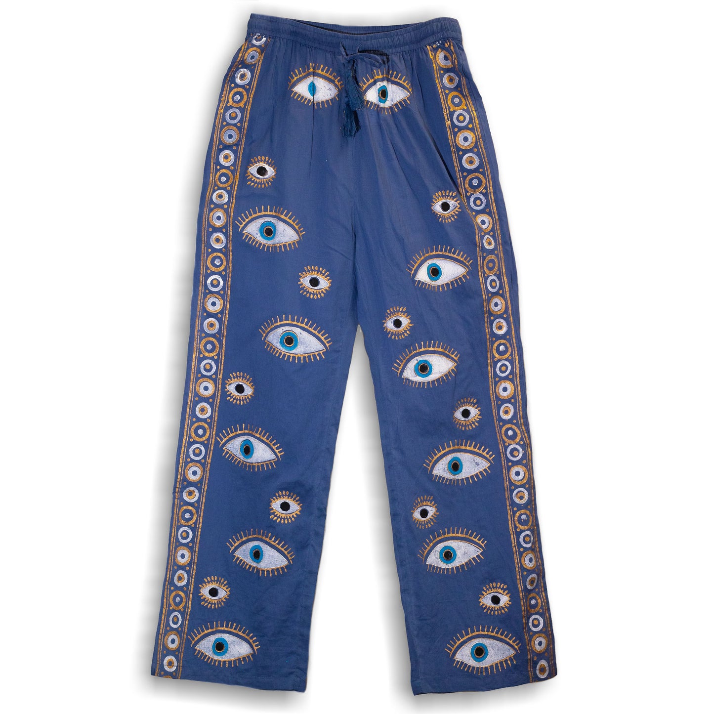 Handpainted Nomad Sari Pants - Blue & Gold Evil Eye Design (M/L)