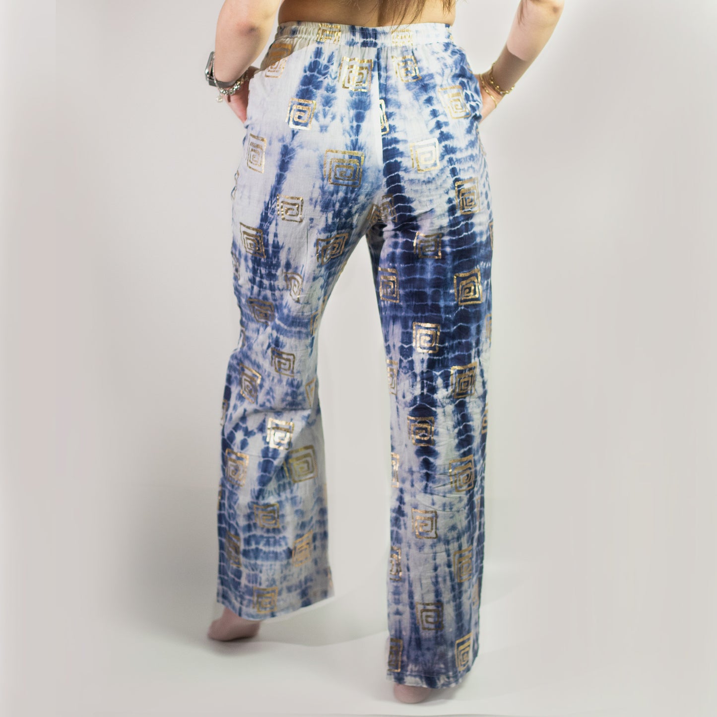 Handpainted Nomad Sari Pants - Gold & Blue Greek Design (M/L)