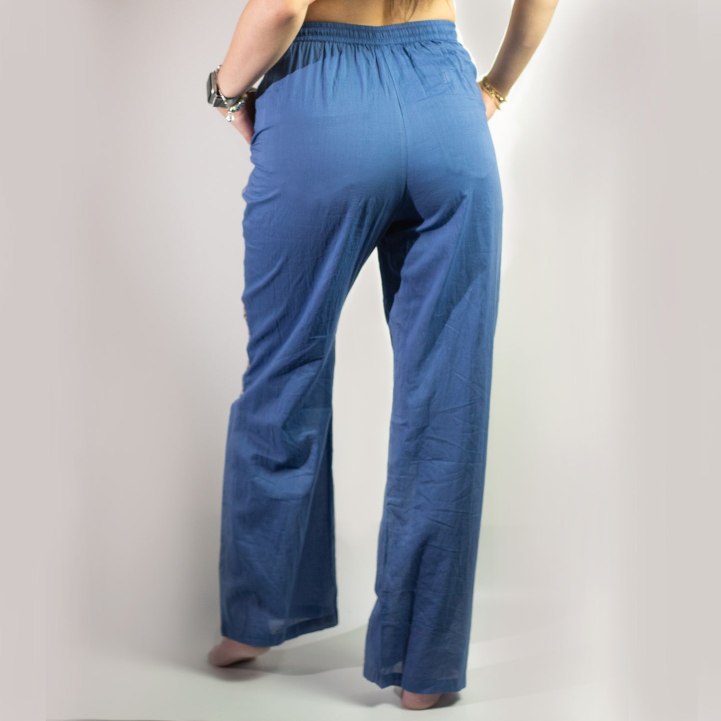 Handpainted Nomad Sari Pants - Blue & Gold Evil Eye Design (M/L)
