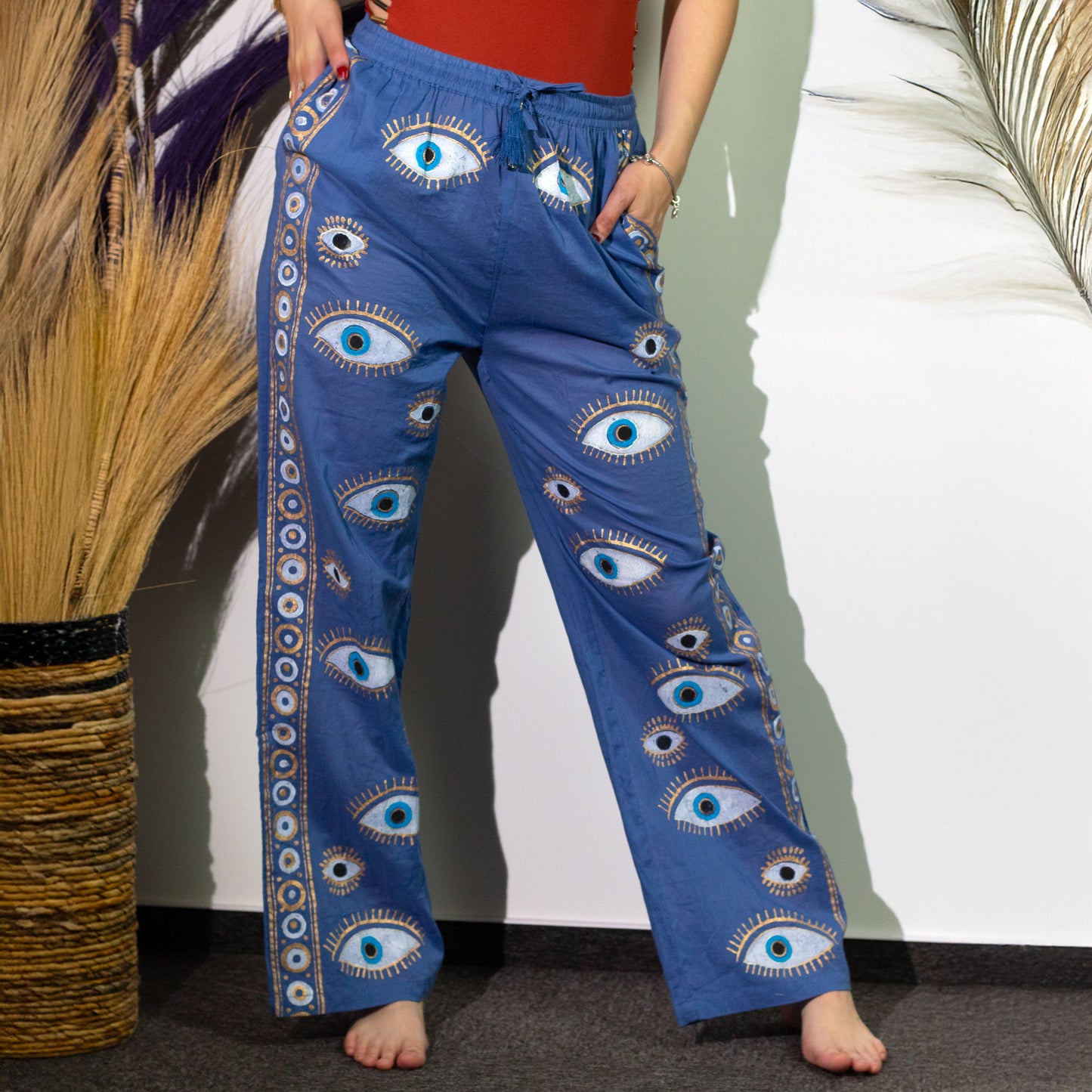 Handpainted Nomad Sari Pants - Blue & Gold Evil Eye Design (M/L)