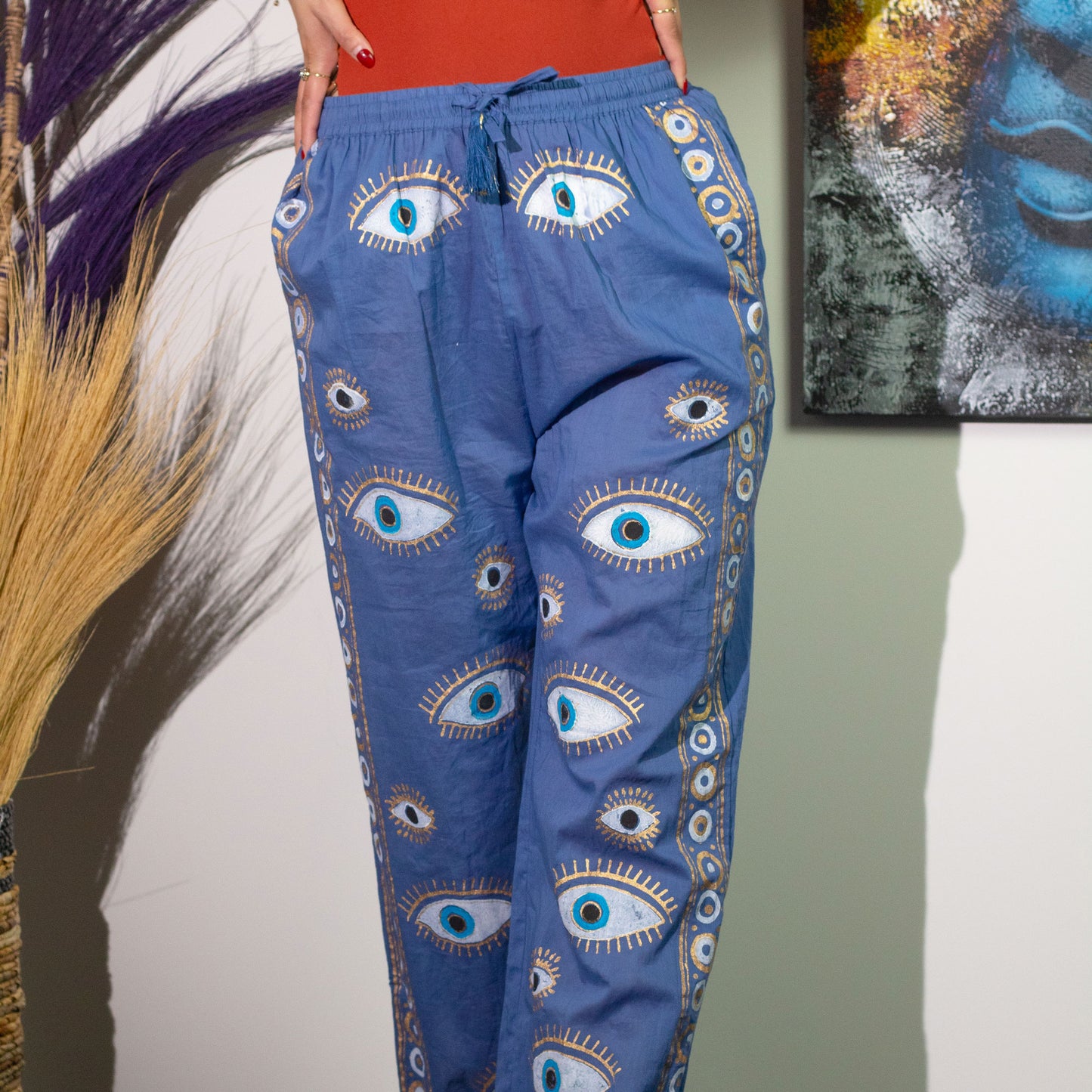 Handpainted Nomad Sari Pants - Blue & Gold Evil Eye Design (M/L)
