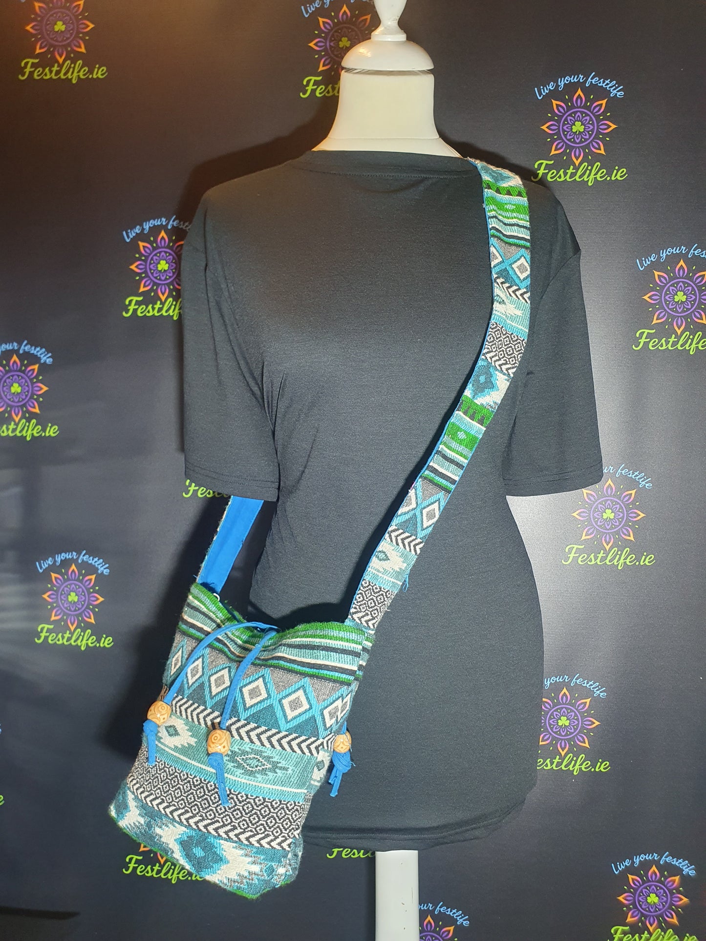Jacquard Nepal Style Sling Bag – Teal & Earth Tones