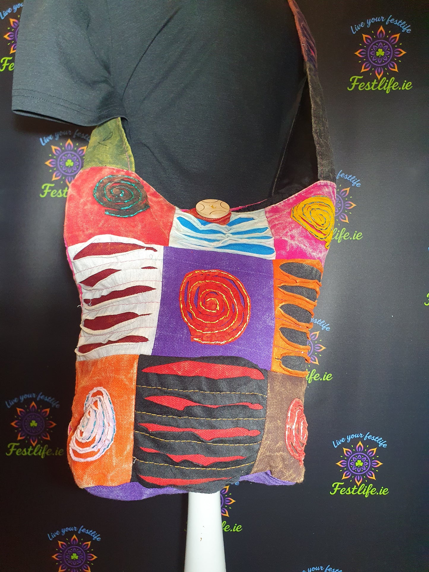 Ethnic Spiral Patch Sling Bag – Colourful Boho Chic