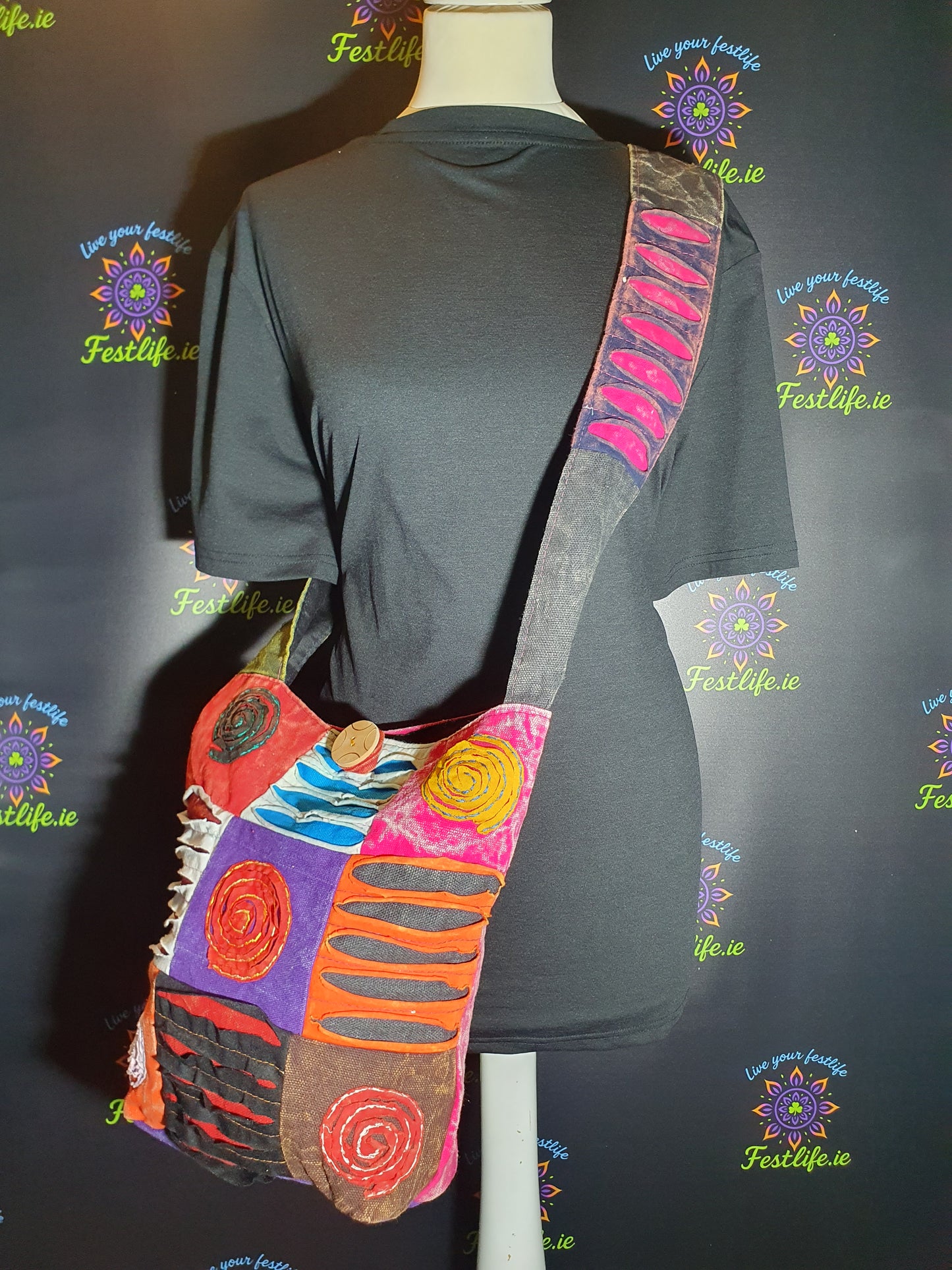 Ethnic Spiral Patch Sling Bag – Colourful Boho Chic