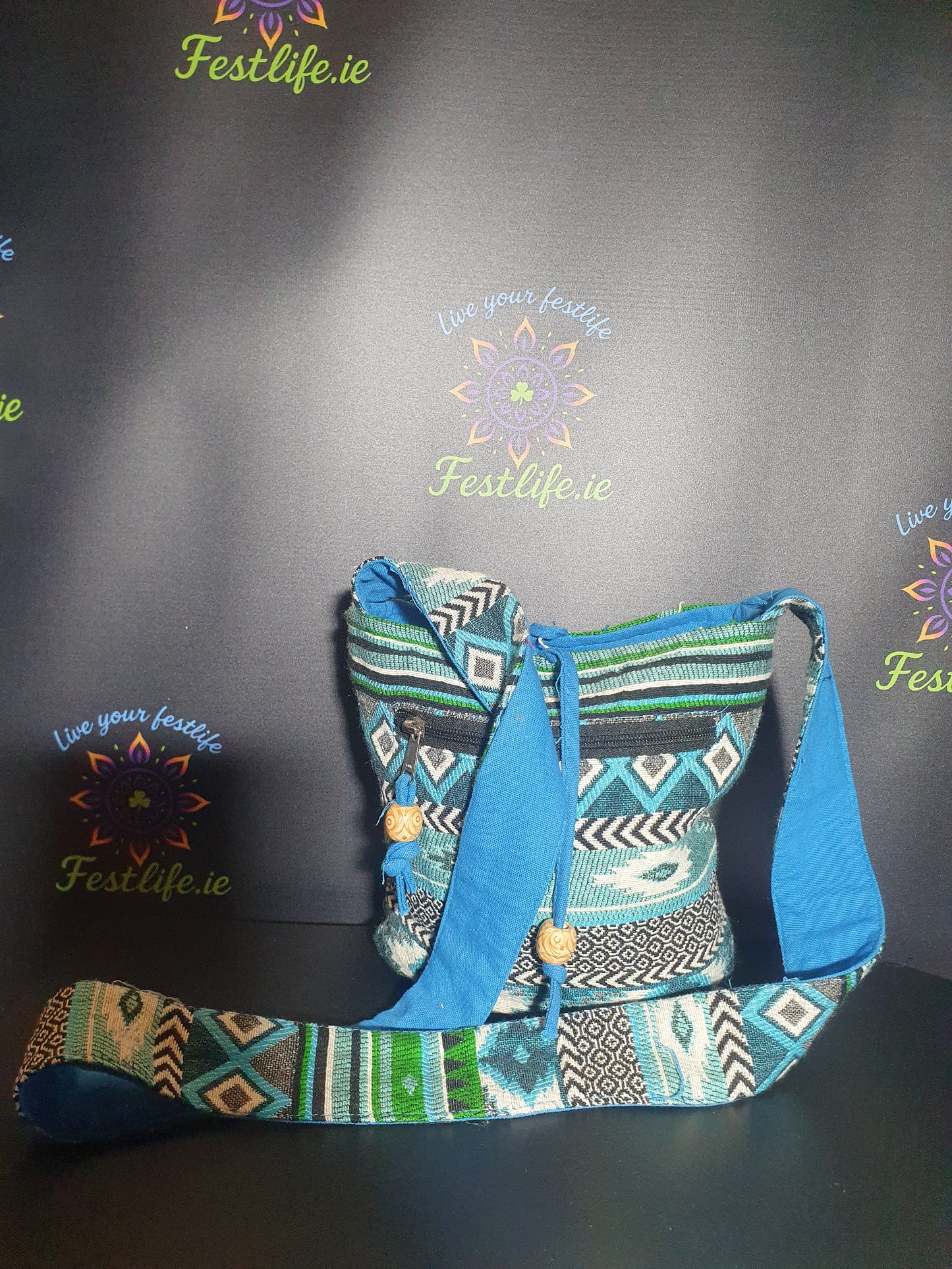 Jacquard Nepal Style Sling Bag – Teal & Earth Tones