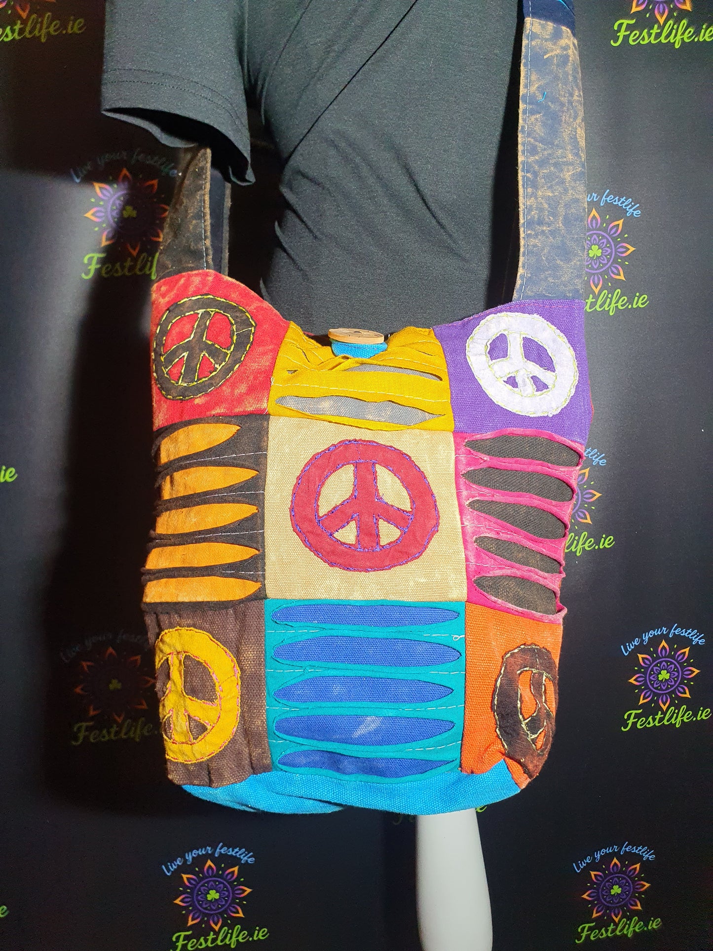 Ethnic Peace Patch Sling Bag – Colourful Bohemian Style