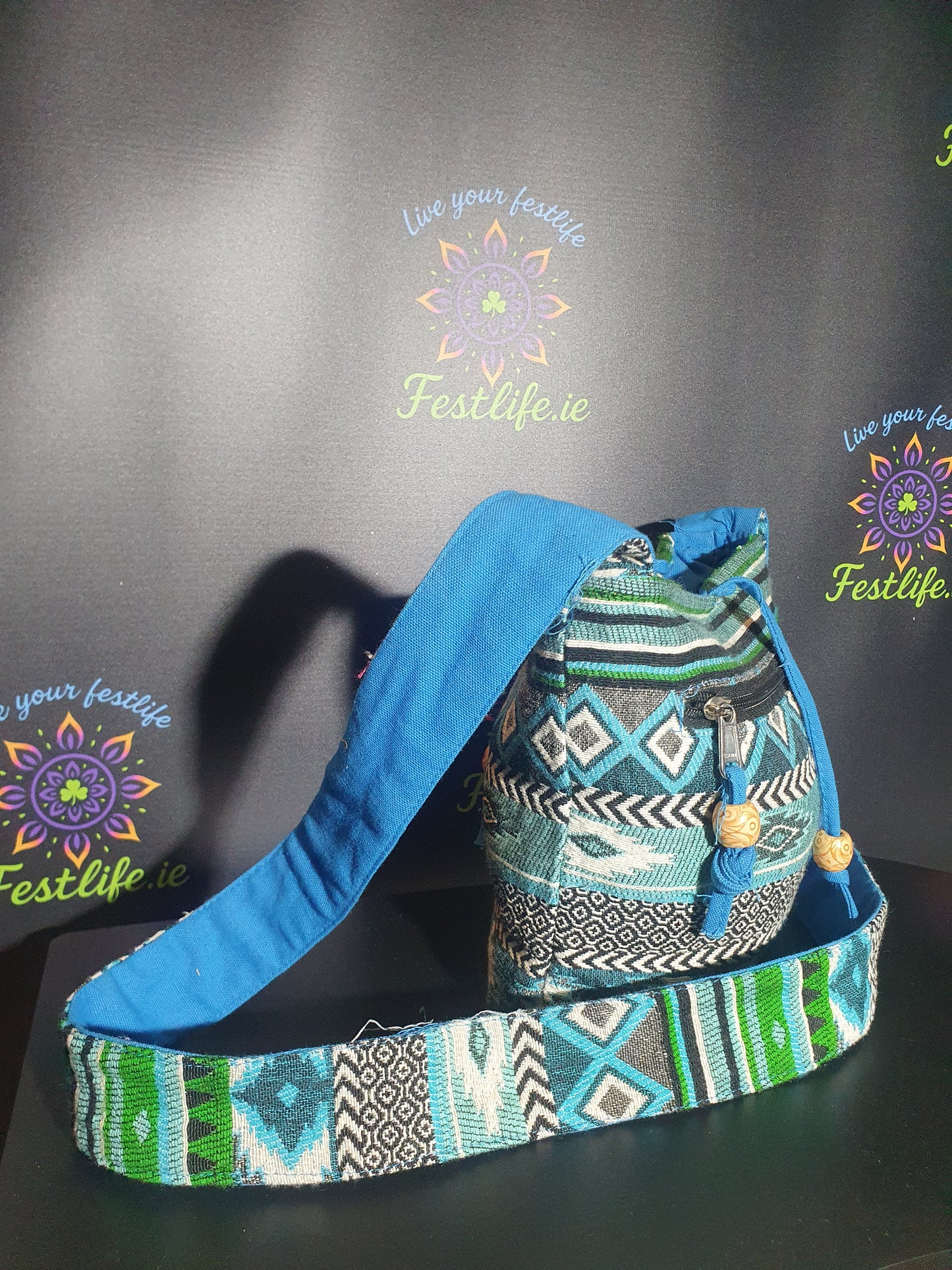 Jacquard Nepal Style Sling Bag – Teal & Earth Tones