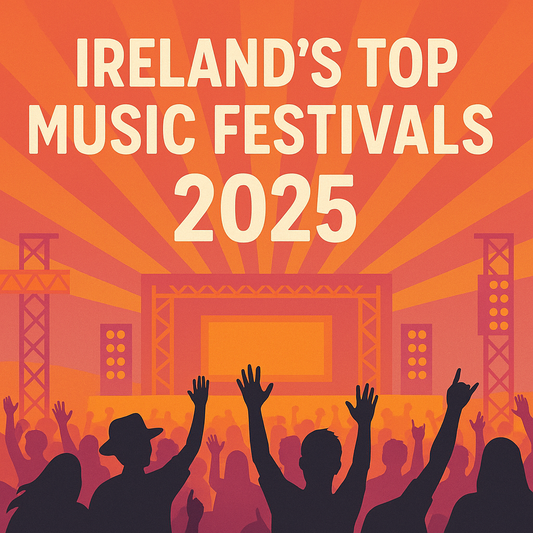 Bold graphic design with retro elements highlighting Ireland's Top Music Festivals 2025, featuring colorful stars, ribbons, and music icons on a bright yellow background.