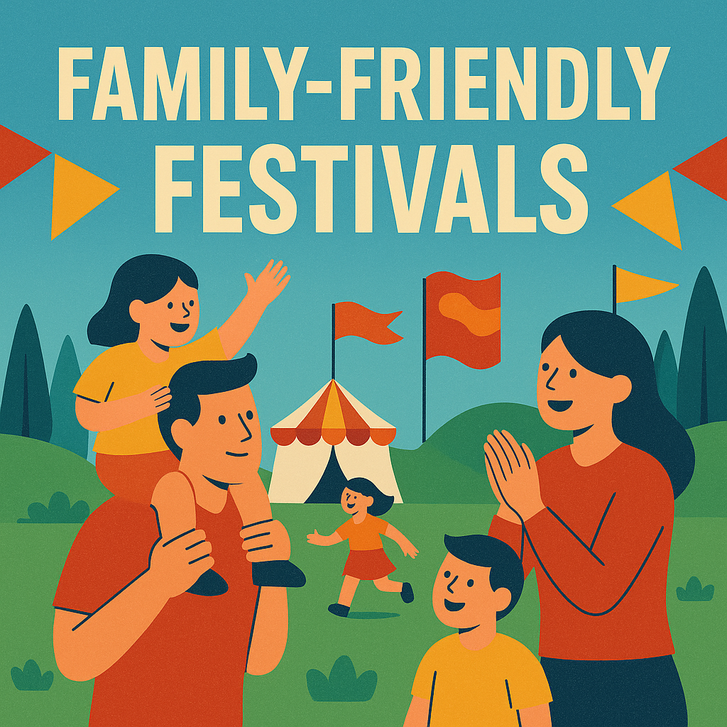 Illustration of families and children enjoying a colorful outdoor festival with tents, flags, and green hills, promoting family-friendly festivals in Ireland 2025.