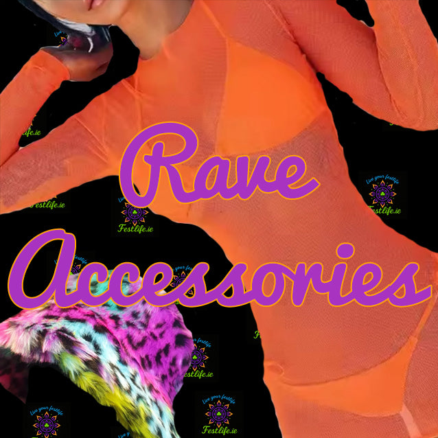 "Artistic image of a man and woman at a late-night rave wearing LED accessories and fluorescent clothing, surrounded by a vibrant crowd under neon lights."