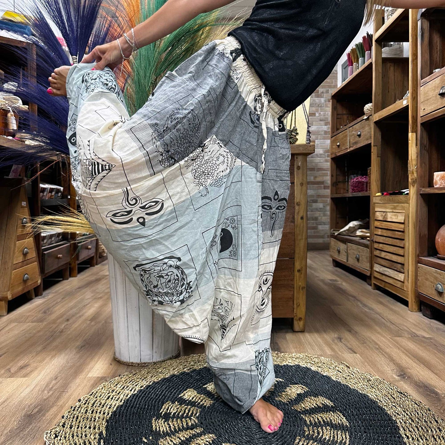 Yoga / Festival Pants - Alladin Style -  Himalayan Print on Grey