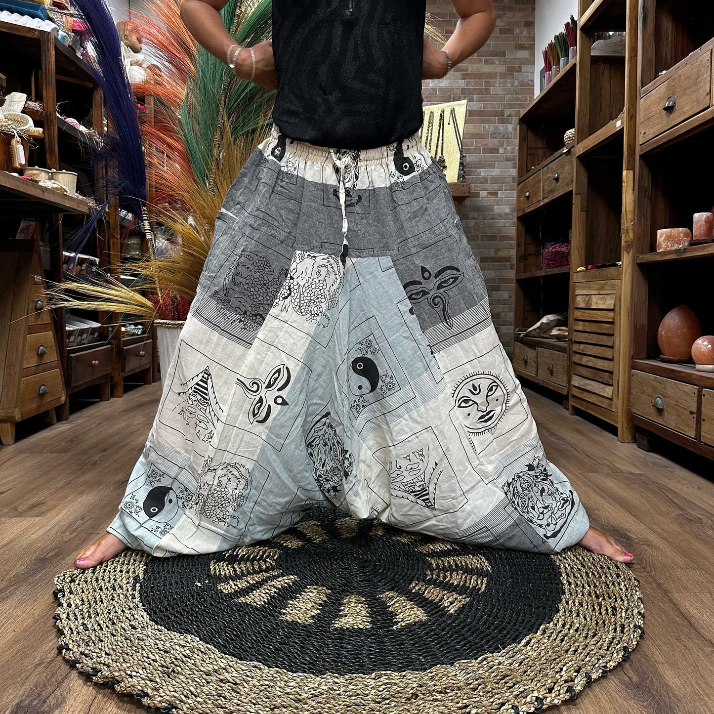 Yoga / Festival Pants - Alladin Style -  Himalayan Print on Grey