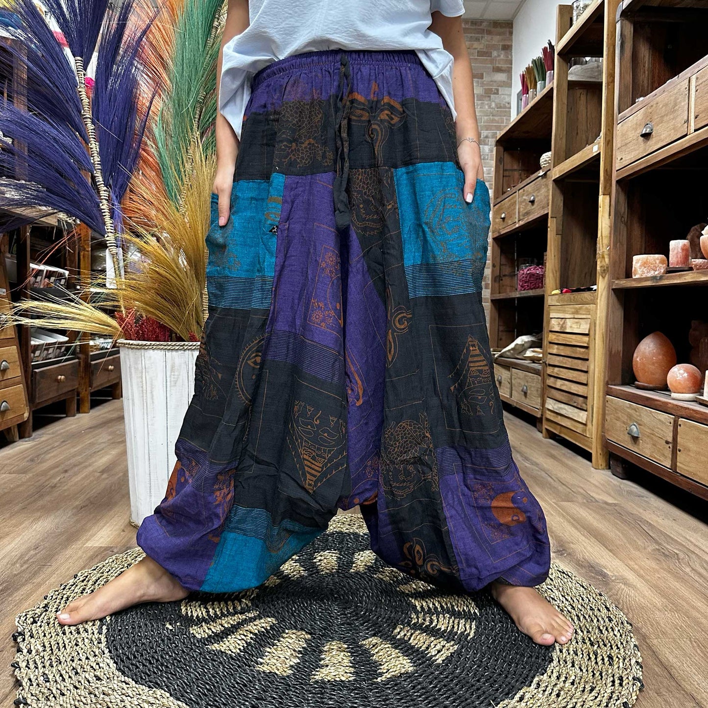 Yoga / Festival Pants - Alladin Style -  Himalayan Print on Purple