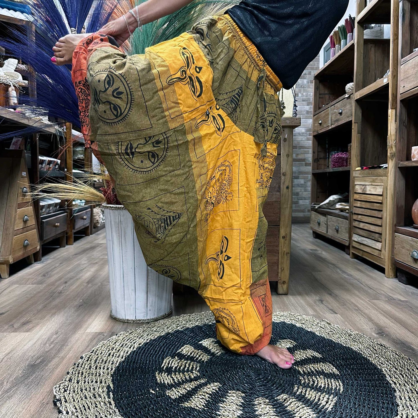 Yoga / Festival Pants - Alladin Style -  Himalayan Print on Orange