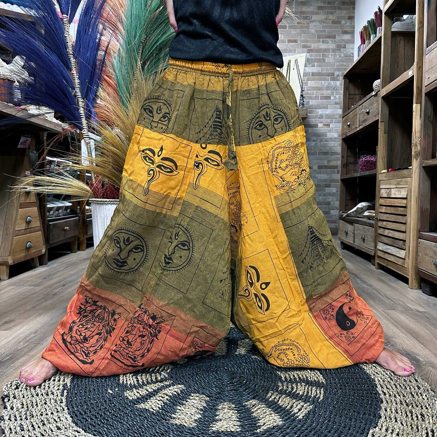 Yoga / Festival Pants - Alladin Style -  Himalayan Print on Orange