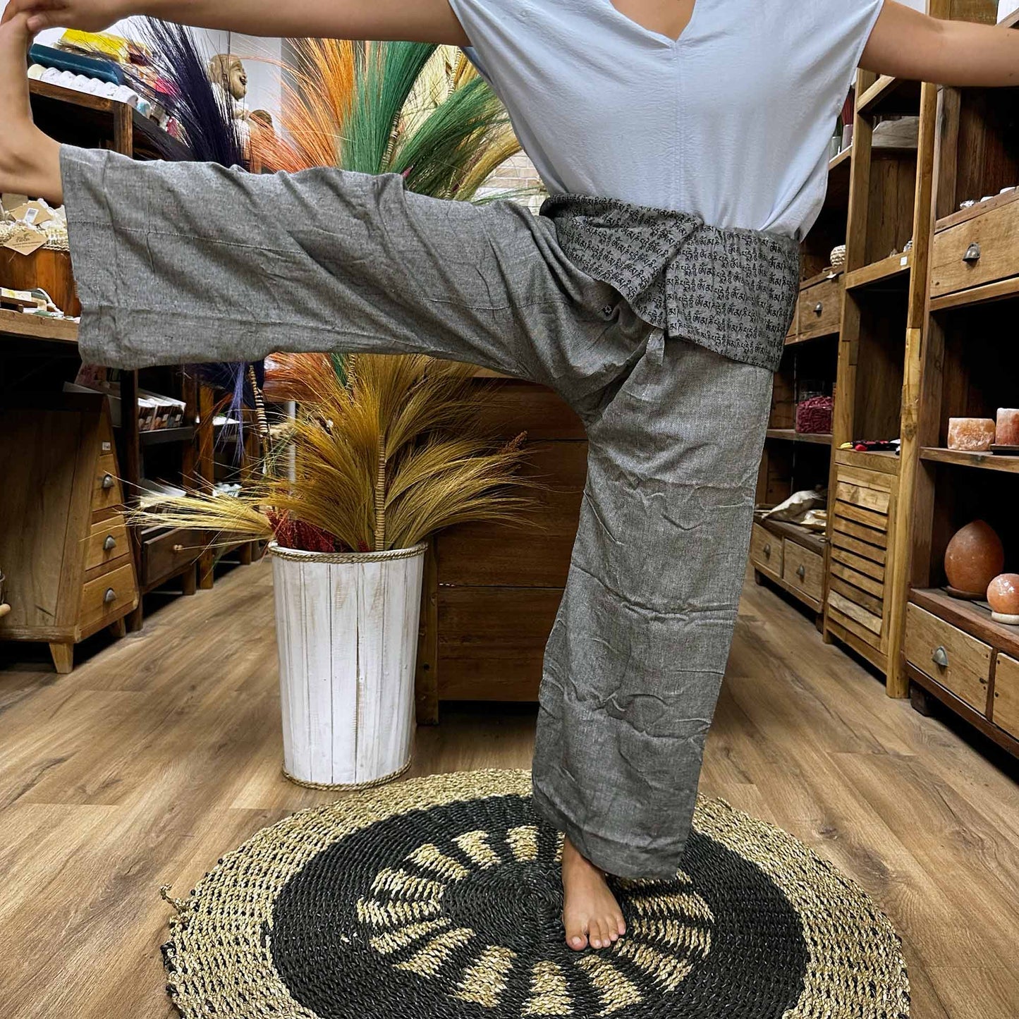 Yoga / Festival Pants - Thai Fisherman Style -  Mandala Mantra on Grey