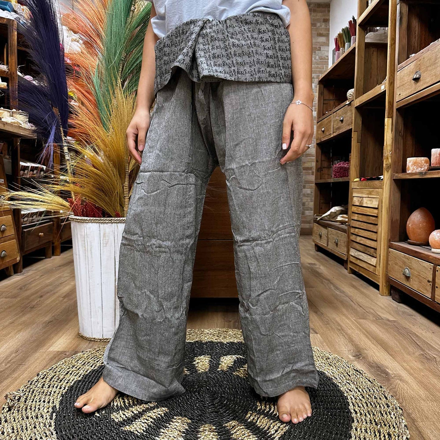 Yoga / Festival Pants - Thai Fisherman Style -  Mandala Mantra on Grey