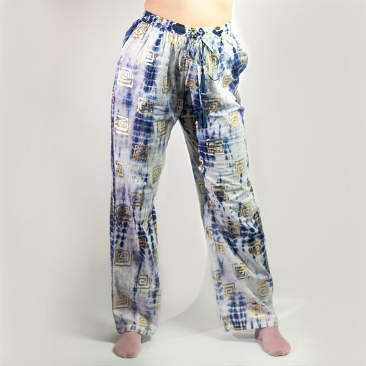 Handpainted Nomad Sari Pants - Gold & Blue Greek Design (M/L)