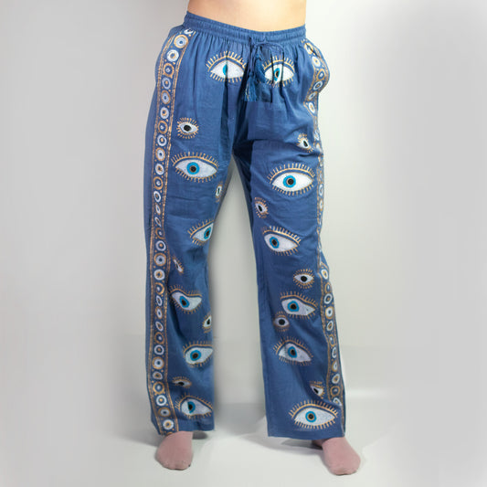 Handpainted Nomad Sari Pants - Blue & Gold Evil Eye Design (M/L)
