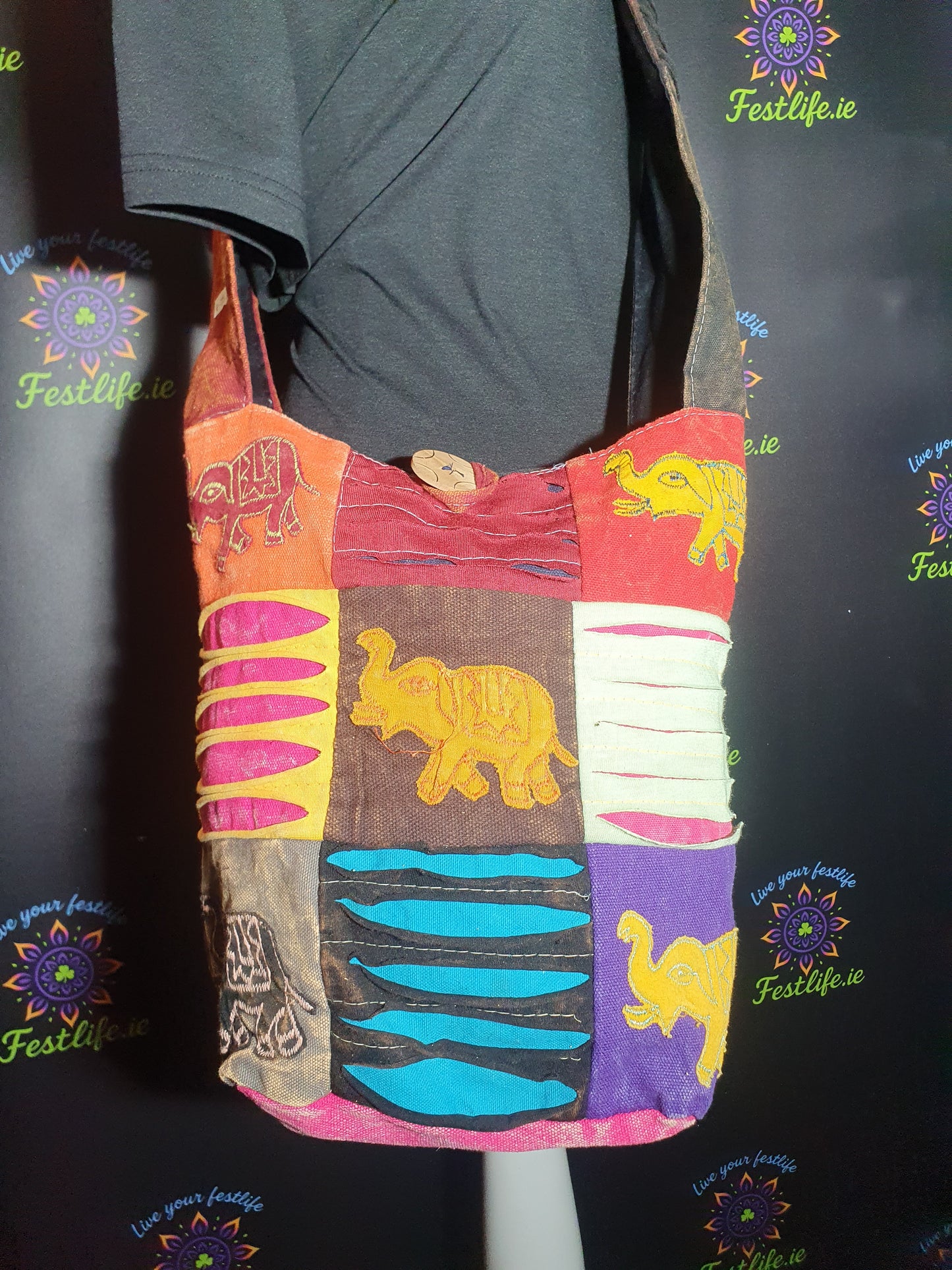 Ethnic Elephant Patch Sling Bag – Colourful Boho Style