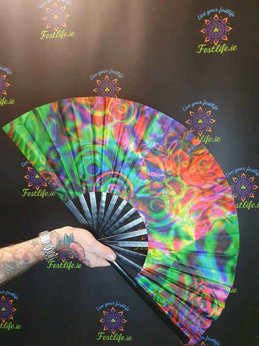 Holographic Reflective Clack Fan – 33cm | Premium Bamboo Rave Fan for Festivals & Parties