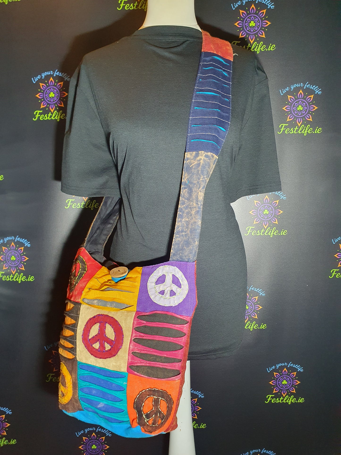 Ethnic Peace Patch Sling Bag – Colourful Bohemian Style
