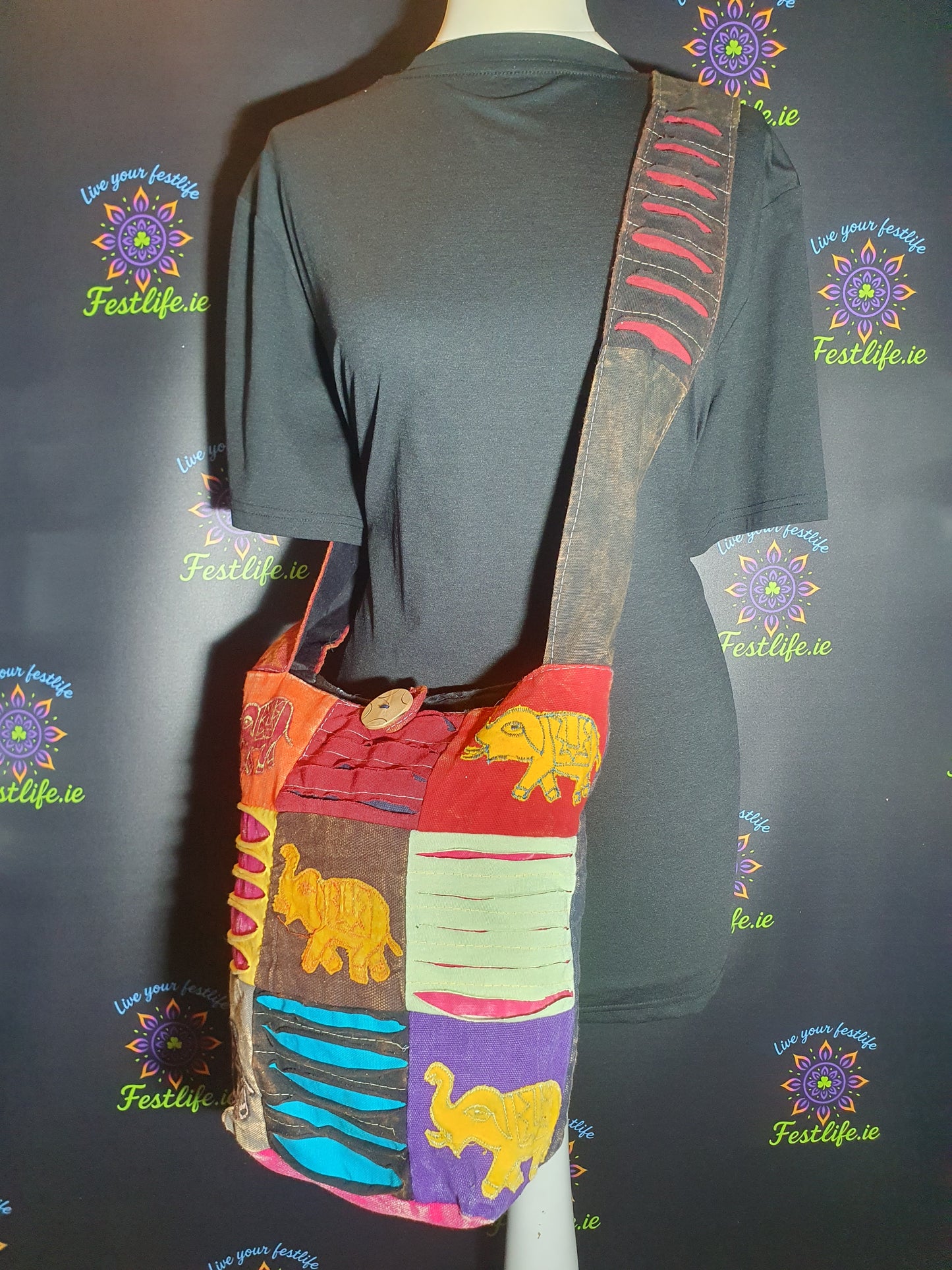 Ethnic Elephant Patch Sling Bag – Colourful Boho Style