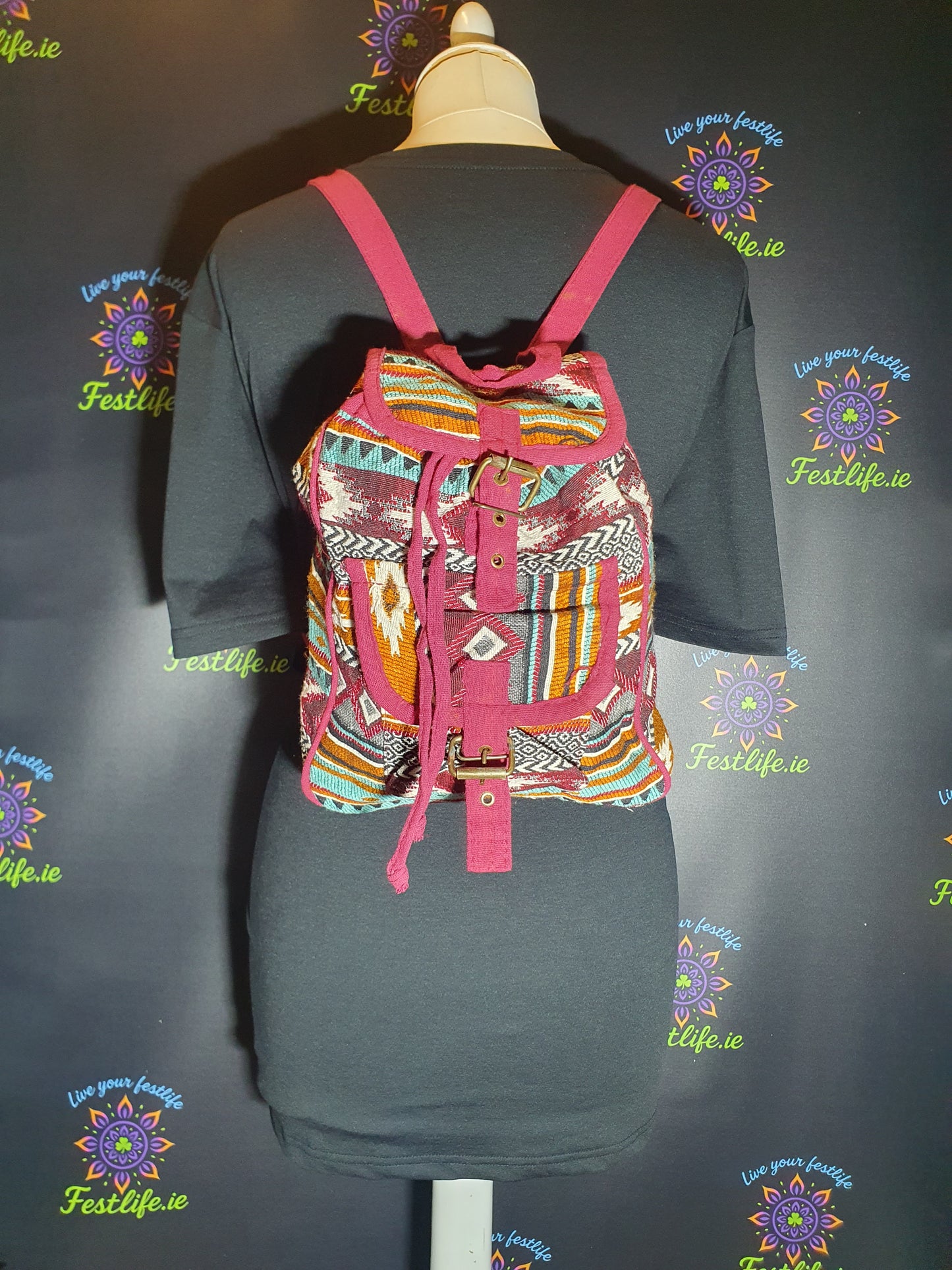 Jacquard Nepal Style Backpack – Earth Tones & Burgundy